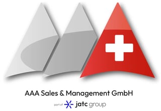 AAA Sales and Management GmbH logo with two gray and one red triangular shapes bearing a white cross, part of jatc group